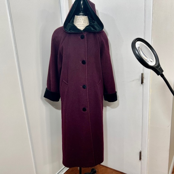 Vintage Forecaster of Boston Wool Maxi Coat Maroon with Hood Black Velvet trim - Picture 1 of 15